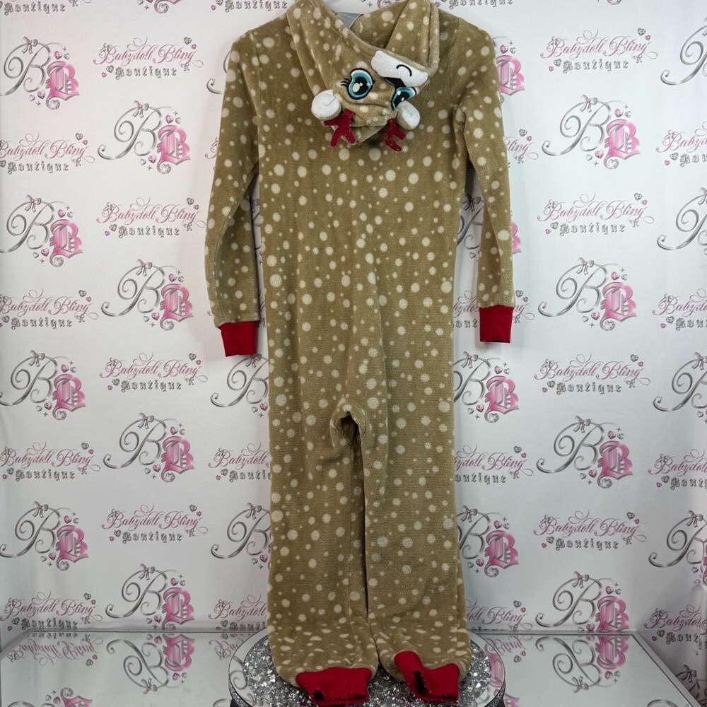 Jellifish kids onesie reindeer Tan Polka Dot Kids Footie fleece Red Accents Xmas